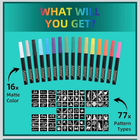 Temporary Tattoo Markers for Skin, 16 Colors + 77 Tattoo Stencils Kids+Adults - Picture 2 of 6